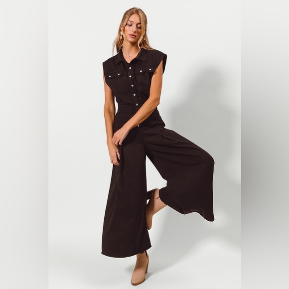 Black denim washed pleated boho bohemian flare chic boho Wide Leg Jumpsuit - Picture 6 of 9
